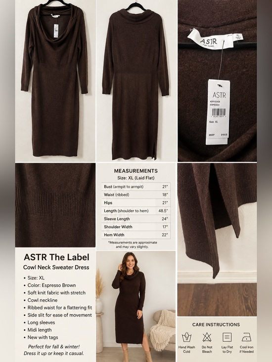 Astr Dresses & Skirts - ASTR The Label Espresso Brown Cowl Neck Knit Midi Dress – Size XL – NWT
